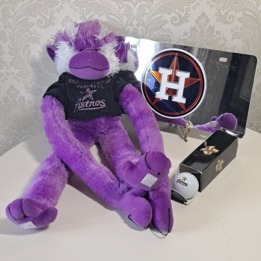 Houston Astros Fan Lot Mirrored License Plate Stuffed Monkey 3 Logo Golf Balls